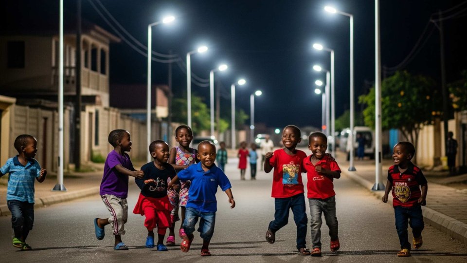 african children playing under illuminec street light